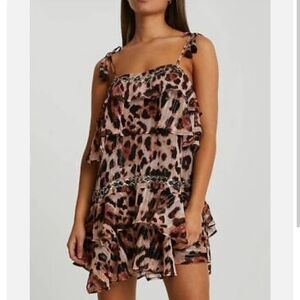 NWOT River Island Pink Animal Print Leopard Tiered Mini Beach Dress Sz L